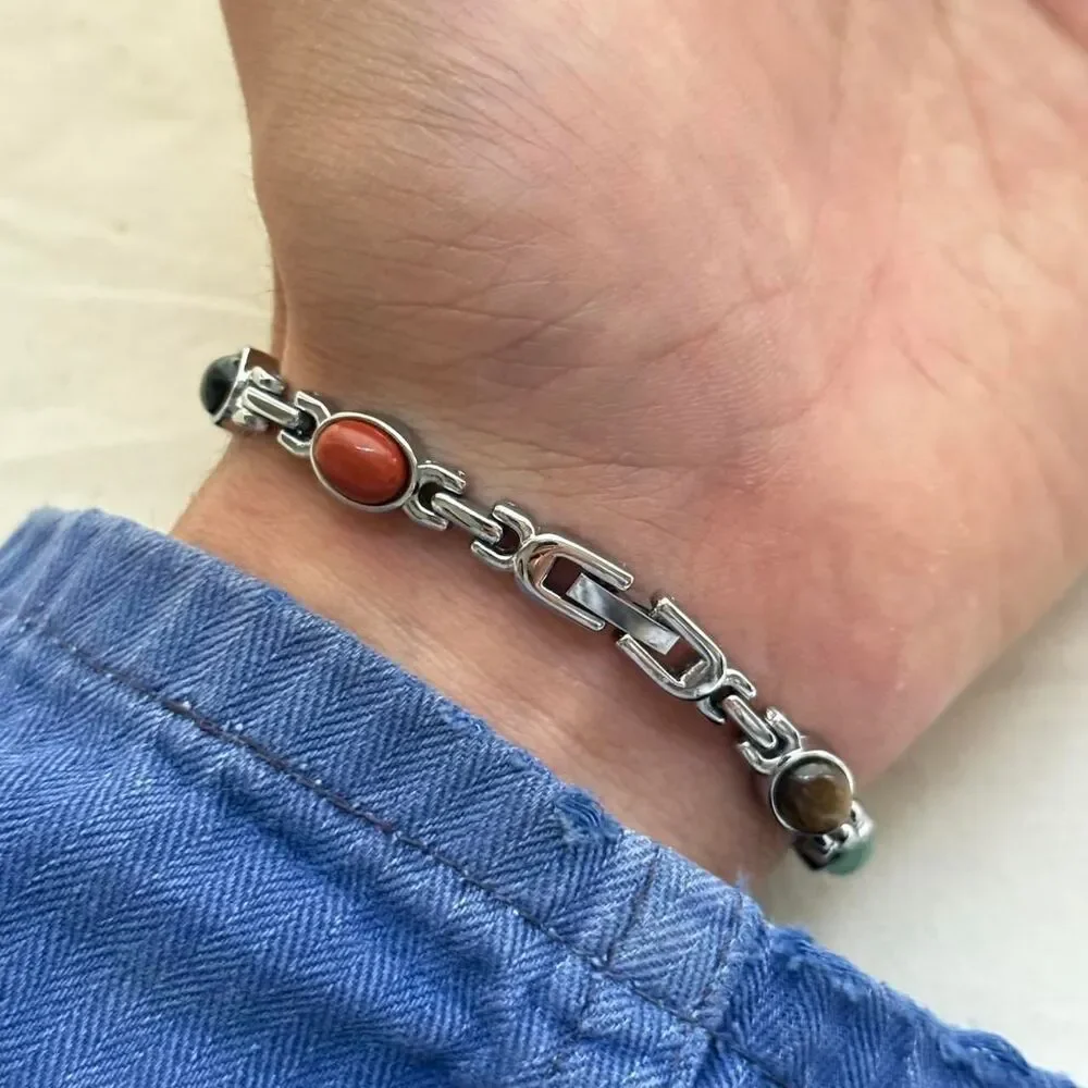 y2k silver round stainless steel quartz multi color stone charm watch